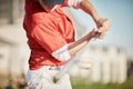 Man, bat or hitting baseball in motion blur, game or match in stadium, park or games arena for fitness, workout or Royalty Free Stock Photo