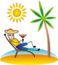 A man on the beach in a chaise longue. Cartoon drawing.