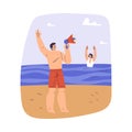 Man Beach Lifeguard Character with Megaphone Shout to Woman Drowning in Water Vector Illustration Royalty Free Stock Photo