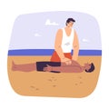 Man Beach Lifeguard Character Provide First Aid to Guy Lying in Sand Vector Illustration