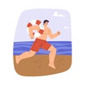 Man Beach Lifeguard Character Running Fast with Lifebuoy Vector Illustration