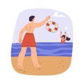 Man Beach Lifeguard Character Throw Lifebuoy to Woman Drowning in Water Vector Illustration