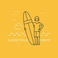 Man on the beach with surf board standing