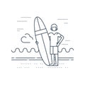 Man on the beach with surf board standing