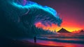 man on the beach watching giant cyan ocean wave about to crush him with purple sunset background, neural network