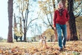 Man with beagle dog walk together in autumn park Royalty Free Stock Photo