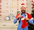 Man with beard in blue shirt. Festivals and presents concept Royalty Free Stock Photo