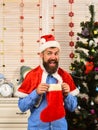Man with beard in blue shirt. Santa with cheerful face Royalty Free Stock Photo