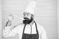 Man with beard in cook hat and apron hold cooking tools. Cooking as professional occupation. Hipster bearded chef hold Royalty Free Stock Photo