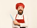 Man with beard in cook uniform isolated on white background. Cooking and professional culinary concept. Cook with Royalty Free Stock Photo