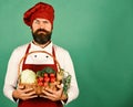 Man with beard on green background, copy space