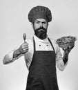 Man with beard on white background. Cook with tricky face