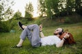 a man with a beard listening to music in the park Royalty Free Stock Photo
