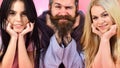 Man with beard and mustache, blonde and brunette girls. Girls with bearded macho, pink background. Best friends concept