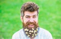 Man with beard and mustache enjoy spring, green meadow background. Masculinity concept. Hipster on happy smiling face Royalty Free Stock Photo