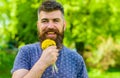 Man with beard and mustache on happy face holds bouquet of dandelions. Bearded man holds yellow dandelions. Romantic