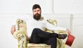 Man with beard and mustache sits on armchair, holds book, white wall background. Connoisseur on thoughtful face finished Royalty Free Stock Photo