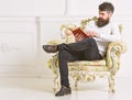 Man with beard and mustache sits on armchair and reading, white wall background. Connoisseur of literature concept