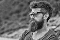 Man with beard and mustache on strict face, nature background, defocused. Bearded man wears modern sunglasses. Hipster Royalty Free Stock Photo