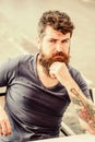 Man with beard and mustache thoughtful troubled. Making hard decision. Bearded man concentrated face. Hipster with beard Royalty Free Stock Photo