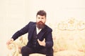 Man with beard and mustache wearing classic suit, sits on old fashioned armchair or sofa. Speaker, wise lecturer concept