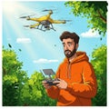 A man with a beard operates a drone using a remote control in a sunny forest setting. Royalty Free Stock Photo