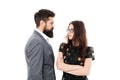 Man with beard and sexy woman in relations. Partnership and relations. Businesspeople relations. Business couple Royalty Free Stock Photo