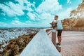 Man with the beard and sunglasses standing in observation area Royalty Free Stock Photo