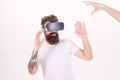 Man with beard and tattoo making protective gesture against male contestant in virtual reality computer game, gaming Royalty Free Stock Photo