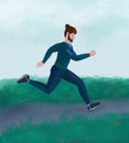 Man with a beard in a tracksuit, muscular, running outdoors, jogging in nature listening to music . Training exercises. Marathon