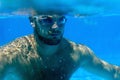 Man with Beard Underwater swimming pool Young beard man with glasses Underwater Royalty Free Stock Photo