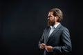 Man with beard wear grey suit corporate style, public speaker concept