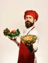 Man with beard on white background. Cook with proud face