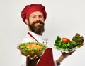 Man with beard on white background. Cook with proud smile