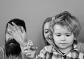 Man with beard, woman and boy play on blue background. Royalty Free Stock Photo