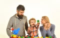 Man with beard, woman and boy play on white background