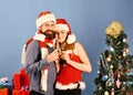Man with beard and woman with happy faces on blue Royalty Free Stock Photo