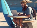 Man with a beard working on a laptop at the beach