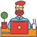 Man with beard working on notebook computer, businessman, make money online, education, freelance concept.