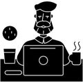 Man with beard working on table with notebook icon, vector illustration, black sign on isolated background