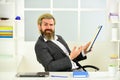 Man bearded boss sit office. Manager solving business problems. Businessman in charge successful business solutions Royalty Free Stock Photo