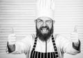 Man bearded chef getting ready cooking delicious dish. Chef at work starting shift. Guy in professional uniform ready Royalty Free Stock Photo