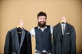 Man bearded fashion couturier tailor. Elegant custom outfit. Tailoring and clothes design. Perfect fit. Custom made to