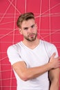 Man bearded guy modern hairstyle in pensive mood pink background. Simple hacks to make hairstyle better. Use right Royalty Free Stock Photo