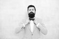 Man bearded hipster formal suit with bow tie. Wedding fashion. Formal style perfect outfit. Impeccable groom. Tips for Royalty Free Stock Photo