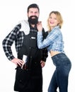 Man bearded hipster and girl ready for barbecue white background. Family bbq ideas. Delicious grilled recipes. Backyard