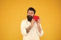 Man bearded hipster hold red heart toy. Medicine concept. Listen to your heart. Health Check helps understand risk