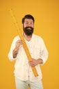 Man bearded hipster holding ruler. Measure length. Size tall and length. Big size. Measure. Geometry theorem. Actual