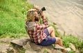 Man bearded hipster photographer hold vintage camera. Photographer concept. Photographer amateur photographer nature