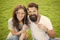 Man bearded hipster and pretty woman in love. Summer vacation. Happy together. Couple in love cheerful youth booth props